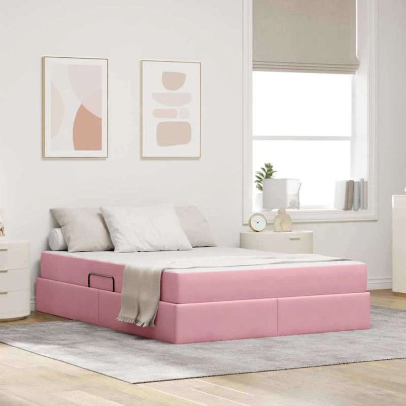 vidaXL Seng med opbevaring, lyserød, 140 x 200 cm, fløjl