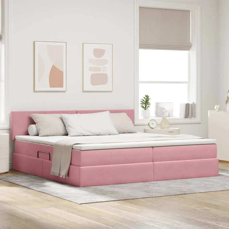 vidaXL Opbevaringsseng med madras Lyserød 200x200 cm Fløjl