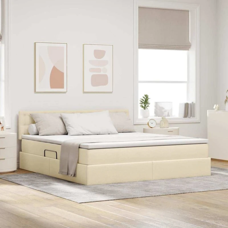 vidaXL LED-opbevaringsseng med madras, Creme, 160 x 200 cm