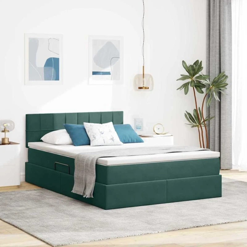 vidaXL LED-opbevaringsseng med madras, mørkegrøn, 140 x 190 cm