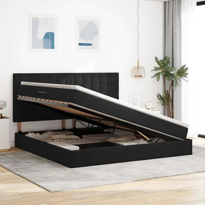 vidaXL Seng med opbevaring, LED og madras, Sort 200 x 200 cm