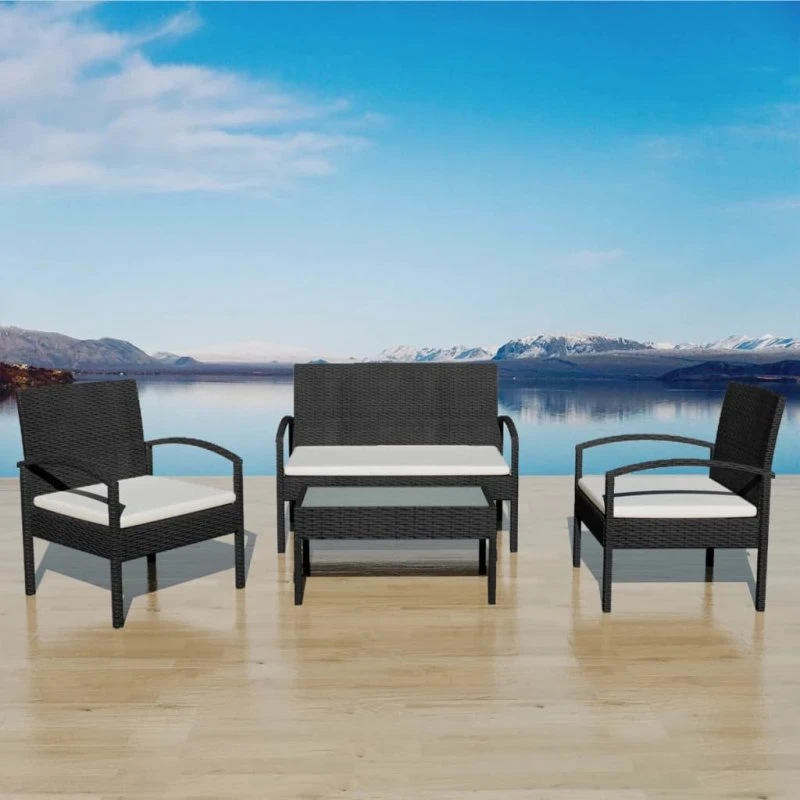 vidaXL Haveloungesæt 4 dele med hynder polyrattan sort