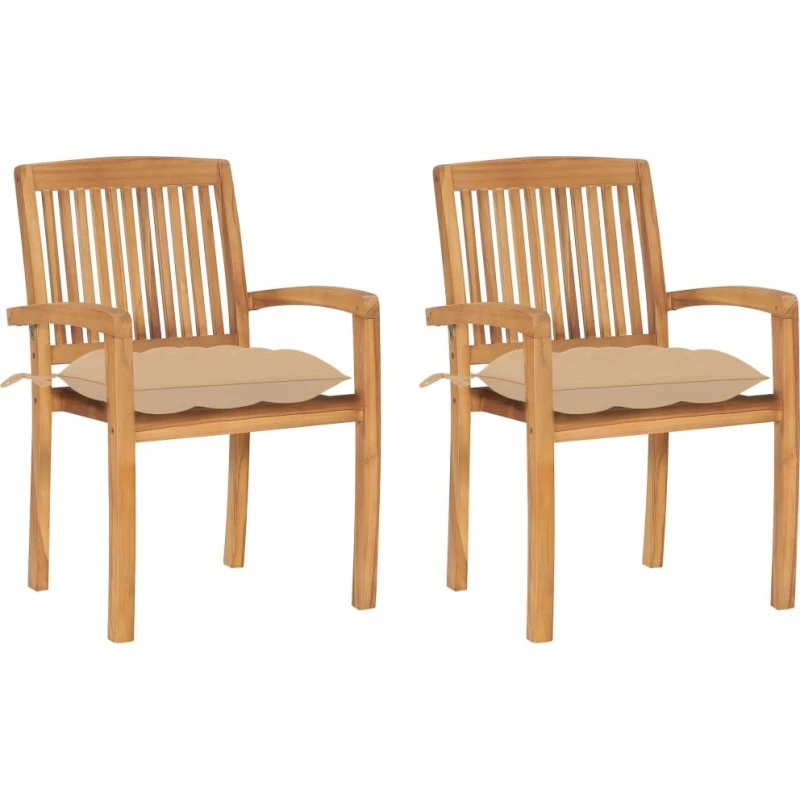 vidaXL Havestole 2 stk. med beige hynder, massivt teaktræ