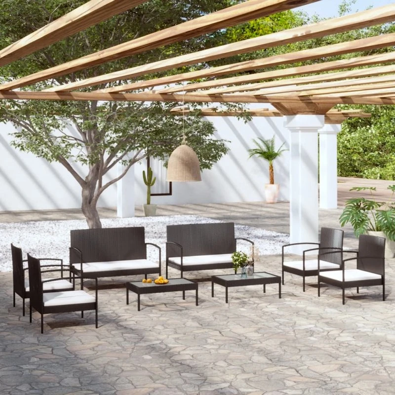 vidaXL 8-delssæt med hynder i polyrattan, sort