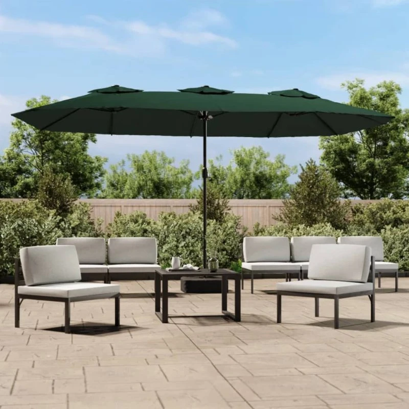 vidaXL Parasol med Dobbelt Parasoldug og LED-lys 449x265 cm Grøn