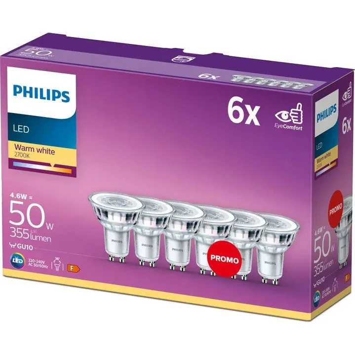 Philips LED pære Classic Spot 4,6W GU10 2700K 6-pak