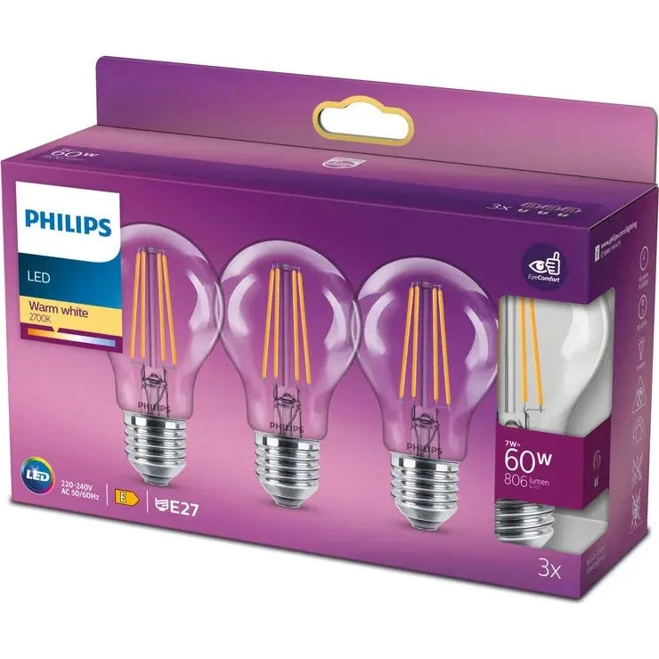 Philips LED 7W (60W) E27 2700K 806lm 3-pak