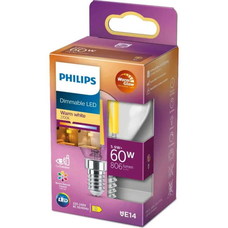 Philips LED Krone 5,9W E14 2200-2700K 806lm Dæmpbar