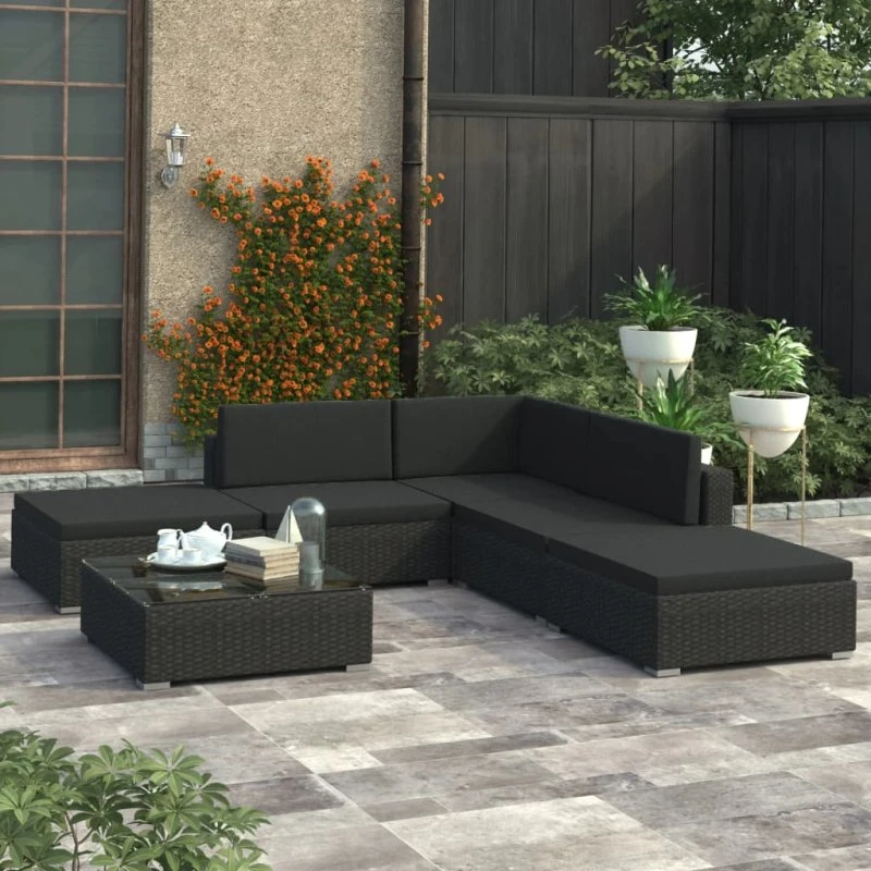 vidaXL 6-deligt loungesæt polyrattan sort med hynder