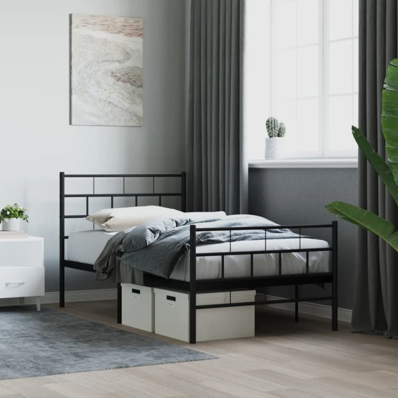 vidaXL Sengeramme 90x190 cm metal sort med gavl og fodgærde