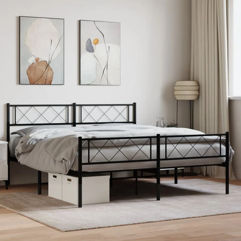 vidaXL sengeramme 140x190 cm metal sort med gavl og fodgærde