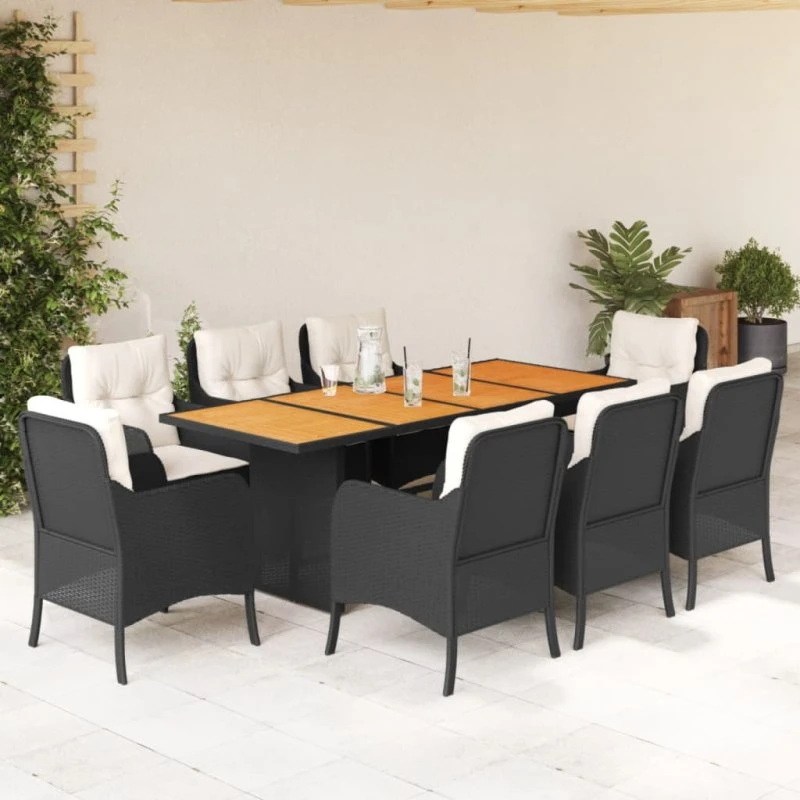 vidaXL 9-deles spisebordssæt med hynder, polyrattan sort