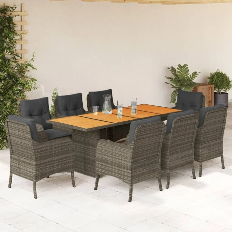 vidaXL 9-deles spisebordssæt med hynder i polyrattan grå