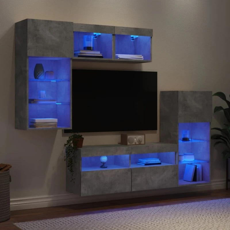 vidaXL tv-møbel til væg 5 dele, konstrueret træ, betongrå med RGB-LED