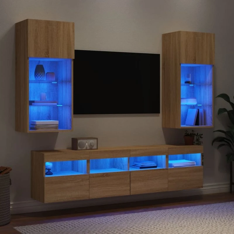 vidaXL Væg-TV-møbel 5 dele med LED-lys, Sonoma-eg