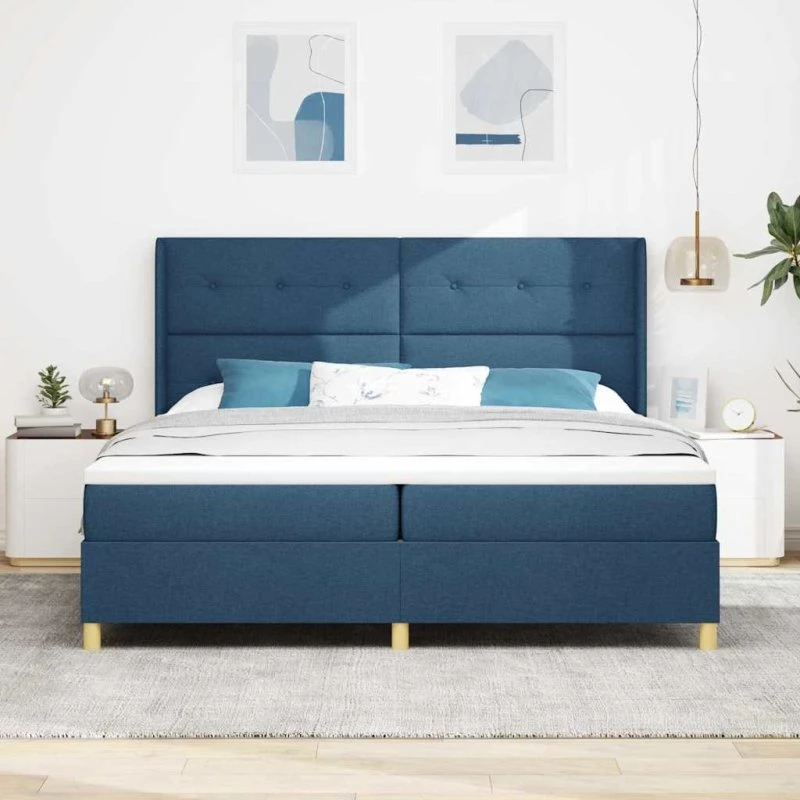 vidaXL Boxspring seng med madras og hovedgærde, blå, 200 x 200 cm