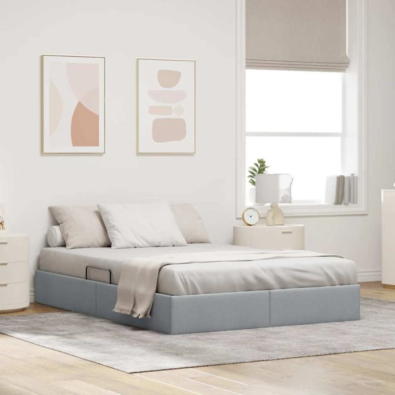 vidaXL Opbevaringsseng 135 x 190 cm Lysegrå med hovedgærde