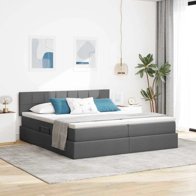 vidaXL Opbevaringsseng med Madras, Mørkegrå 200 x 200 cm, Faux Læder