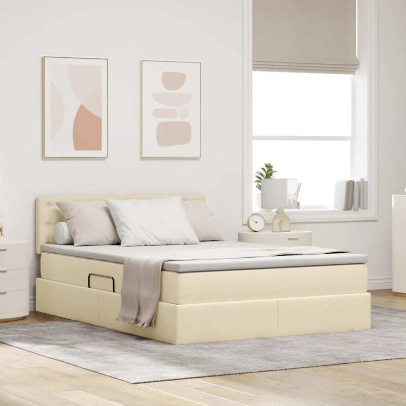vidaXL LED-opbevaringsseng med madras, Creme, 140 x 200 cm