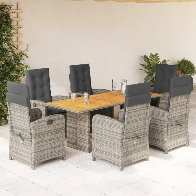 vidaXL 7-delssæt med polyrattan grå, inkl. bord og 6 stole med foldbar ryglæn