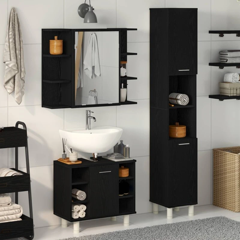 vidaXL Badeværelsesmøbel sæt 3 stk med hylde, sort, 30 x 30 x 179,5 cm