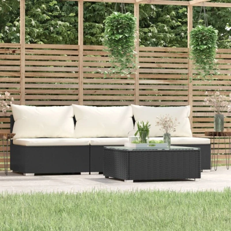 vidaXL 4-deligt loungesæt med hynder i polyrattan, sort