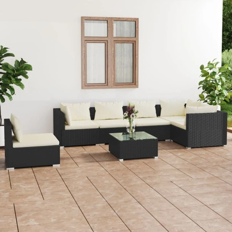 vidaXL 7-deligt loungesæt med hynder, polyrattan sort