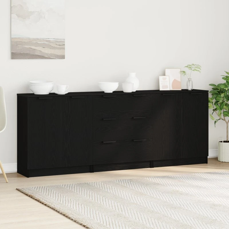 vidaXL Sideboard 3-del, Sort Eg 180 x 30 x 70 cm, Konstrueret Træ