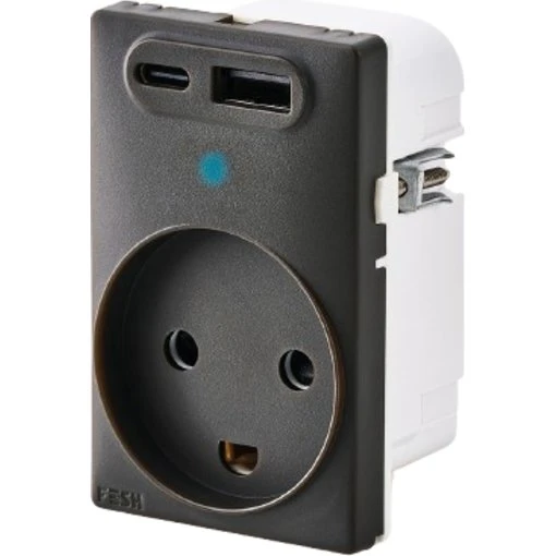 Fesh Curveline 1,5 modul stikkontakt med jord og dobbelt USB, koksgrå