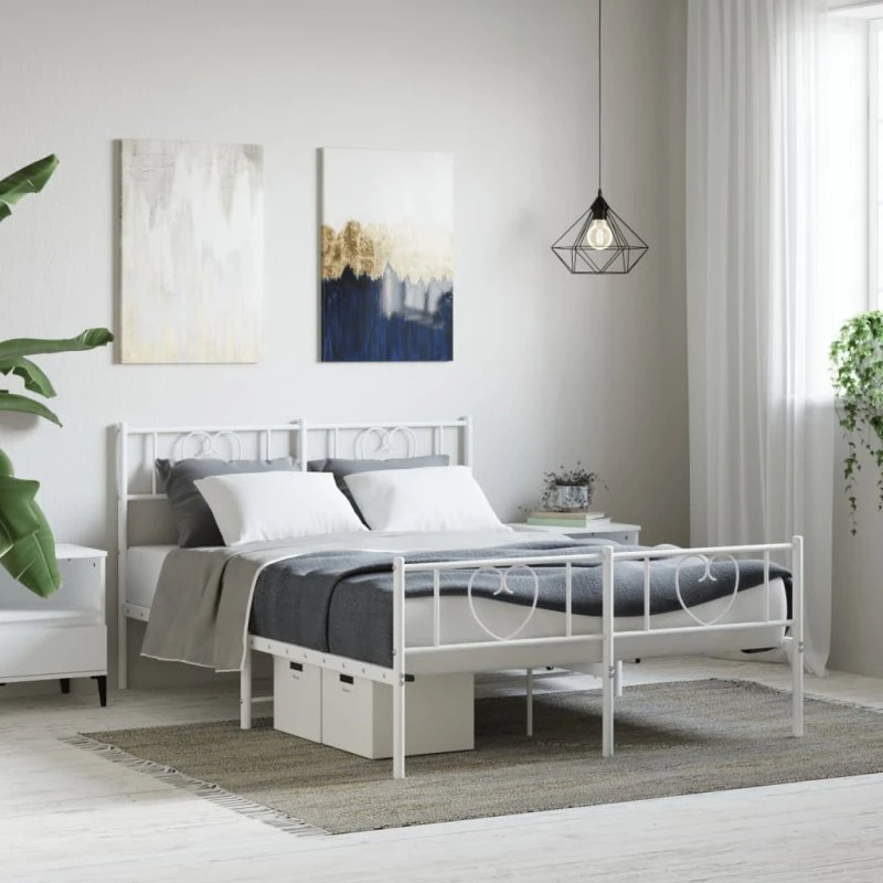 vidaXL Sengeramme 160x200 cm metal hvid med sengegavl og fodgærde