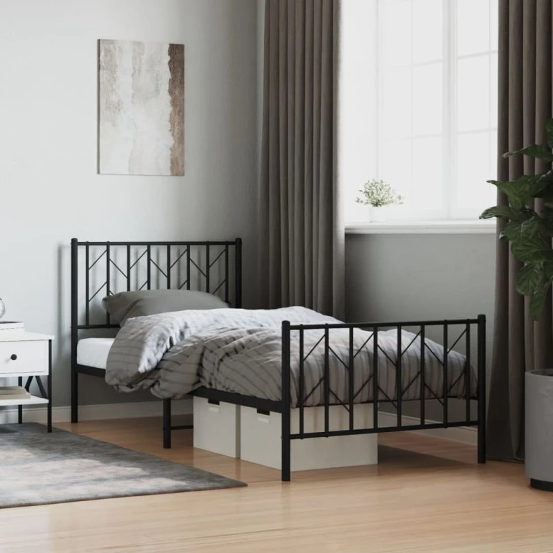 vidaXL Sengeramme 90x200 cm metal sort med sengegavl og fodgærde