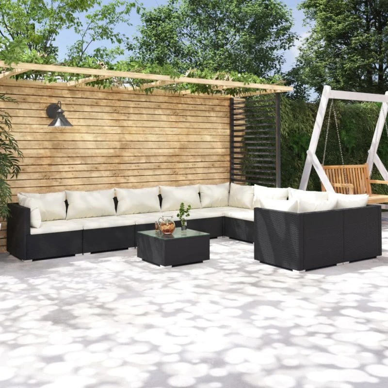 vidaXL 10-deligt loungesæt med hynder i polyrattan, sort
