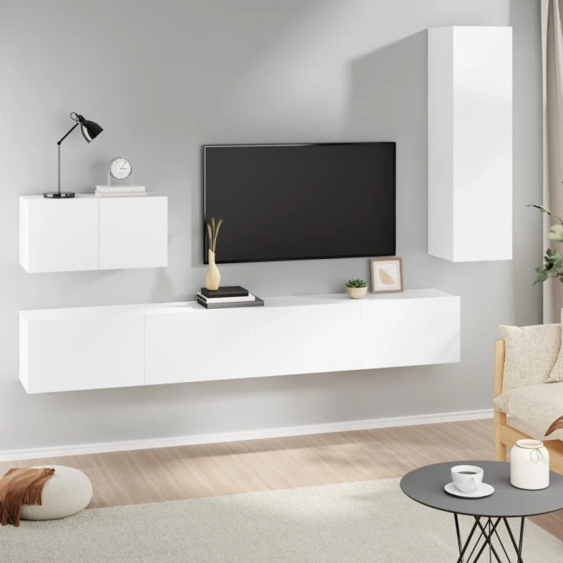 Tv-Skabssæt 4 Dele Hvid Konstrueret Træ 90 cm