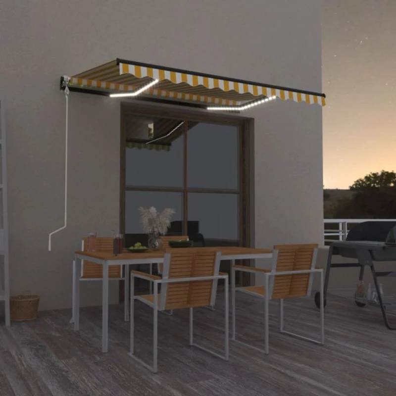 vidaXL Markise automatisk 350x250 cm med LED og vindsensor, gul og hvid