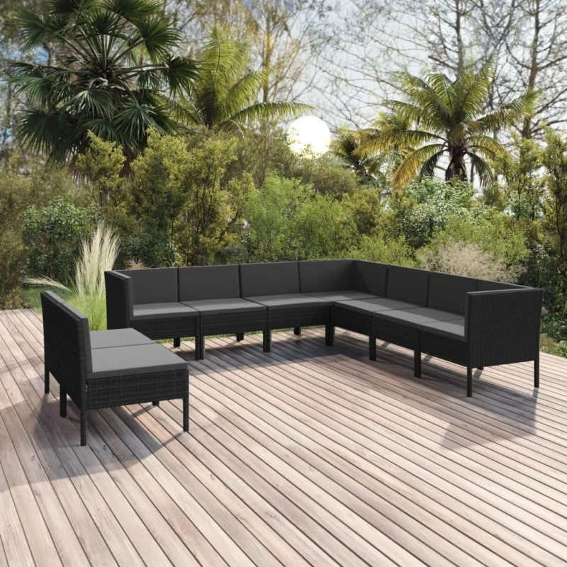 vidaXL 9-delers loungesæt med hynder, polyrattan, sort
