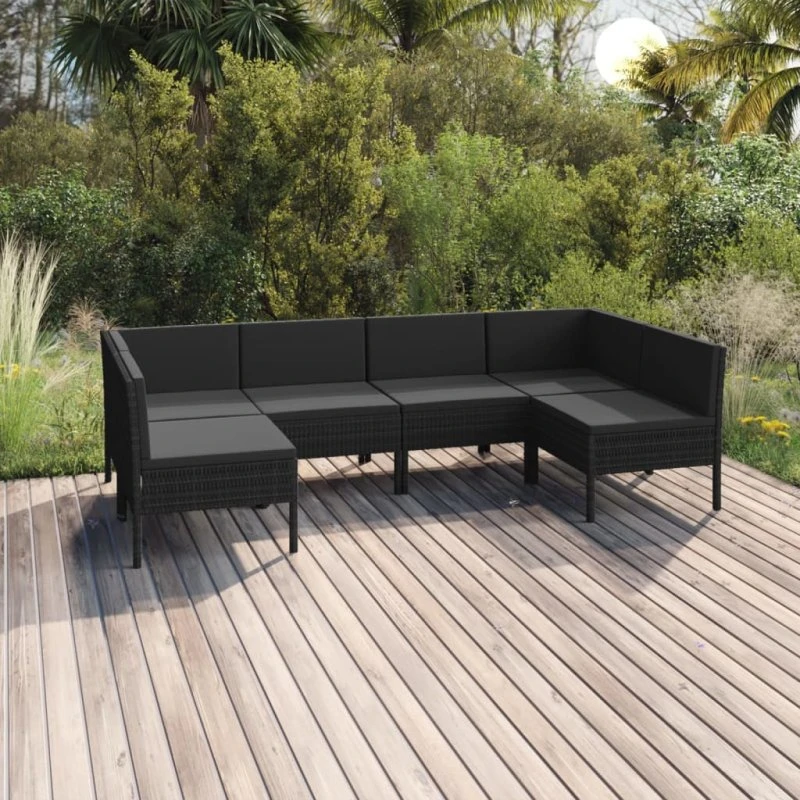 vidaXL 6-deligt loungesæt med polyrattan og hynder, sort