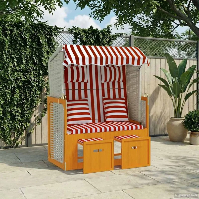 vidaXL Strandkurv med hynder, polyrattan og massivt træ, rød/hvid