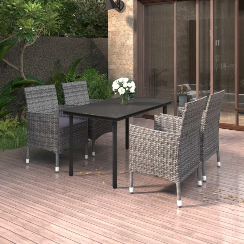 vidaXL 5-deligt spisebordssæt med polyrattan, glas og pulverlakeret stål