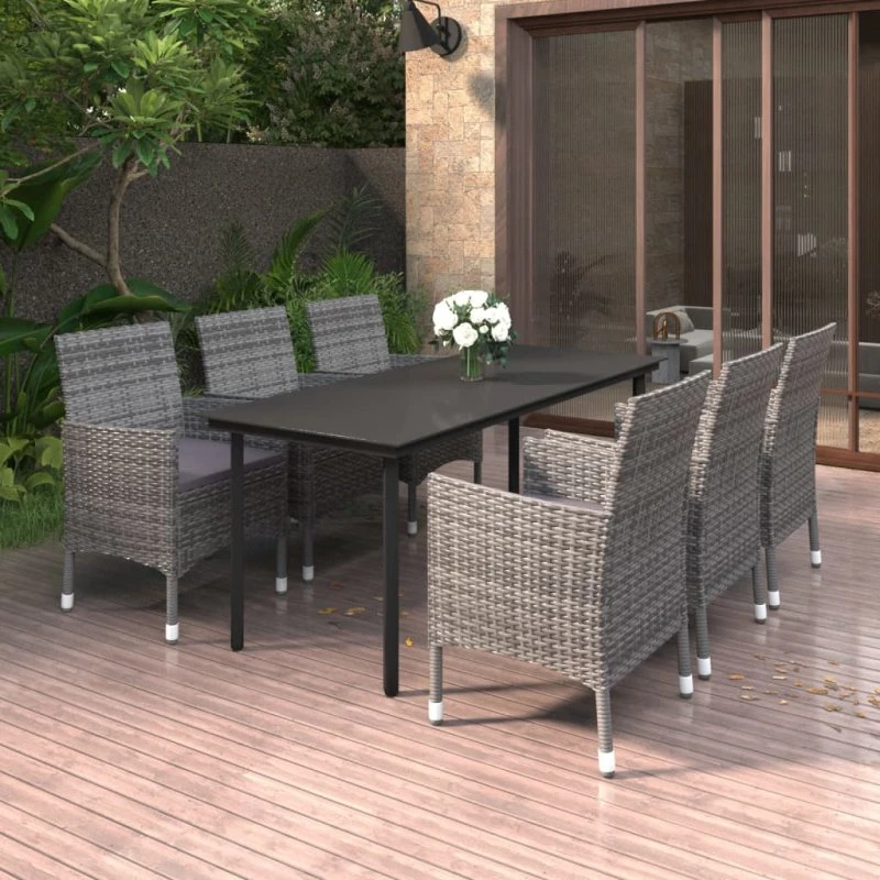 vidaXL 7-deligt spisebordssæt med polyrattan, glas og hynder – Grå, 200 cm