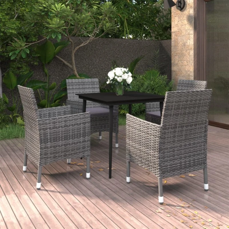 vidaXL 5-deligt spisebordssæt med polyrattan, glas og hynder