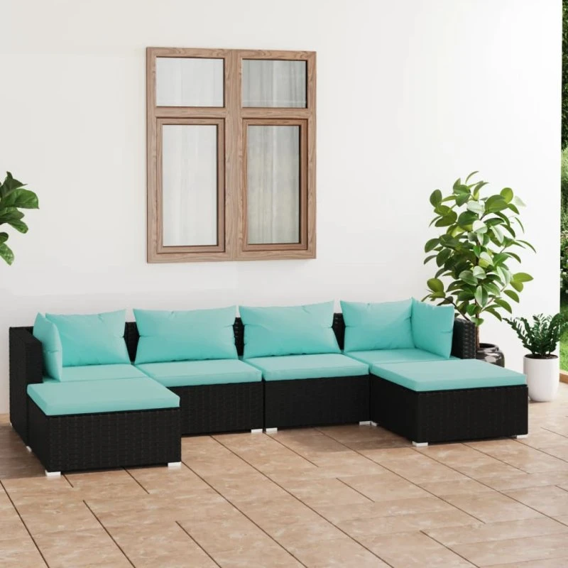 vidaXL loungesæt 6 dele med hynder polyrattan sort