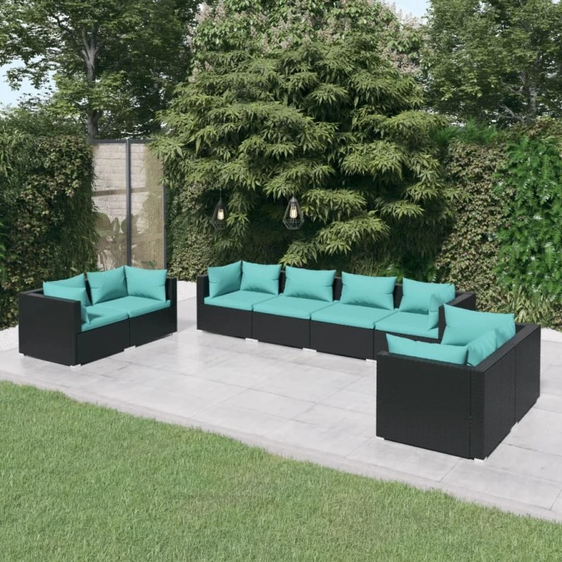 vidaXL 8-deligt loungesæt med hynder i polyrattan sort