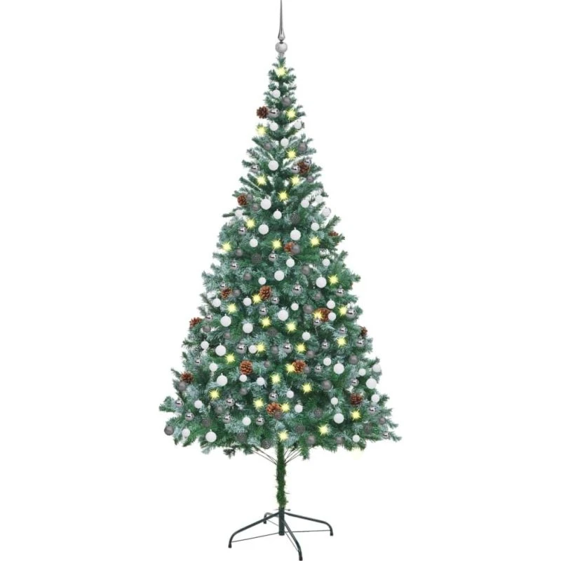 Bekkja Juletræ med lys, 210 cm, med grankogler og hvide spidser