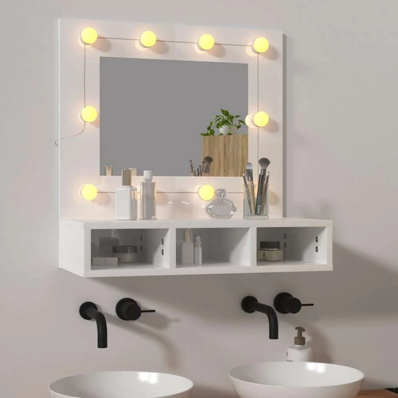 vidaXL Spejlskab med LED-lys 60x31,5x62 cm hvid højglans
