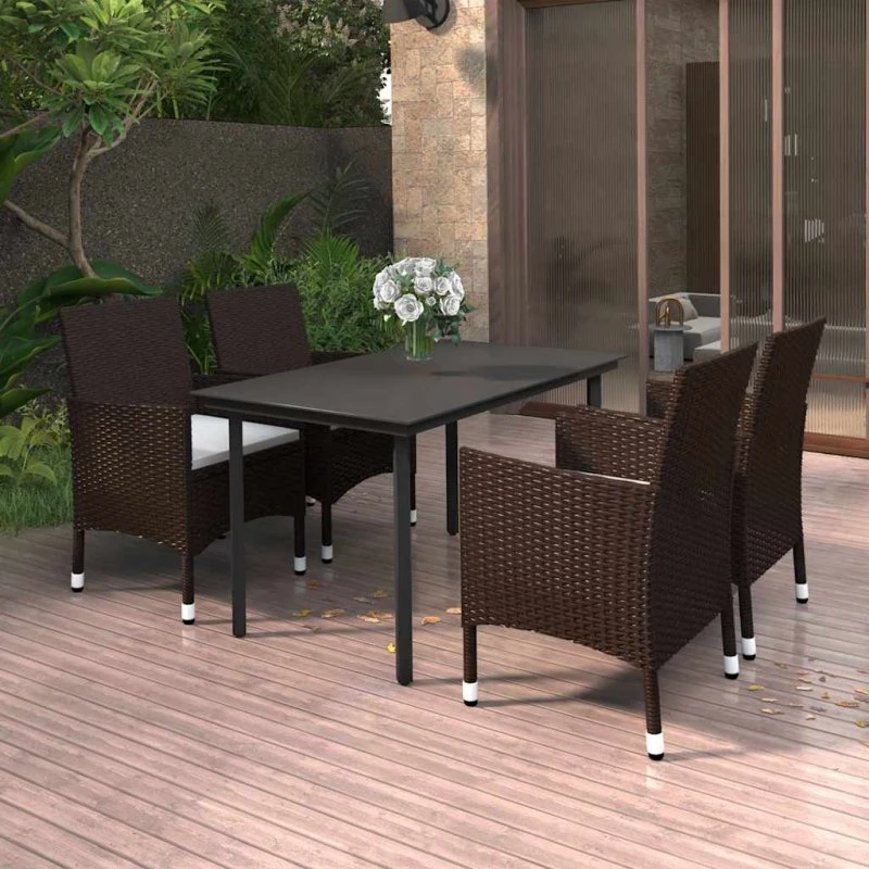 vidaXL 5-delssæt med polyrattan, glasbord og stol, brun, 140 cm