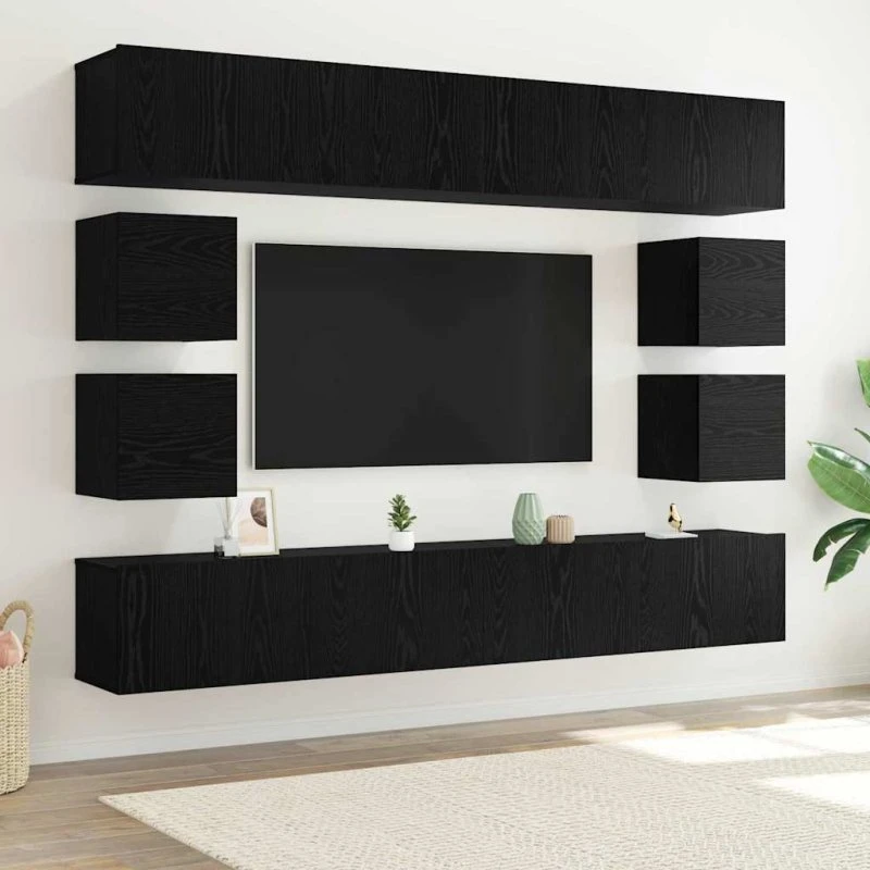 vidaXL Vægmonteret TV-møbelsæt 8 stk, Sort eg, 100 x 30 x 30 cm