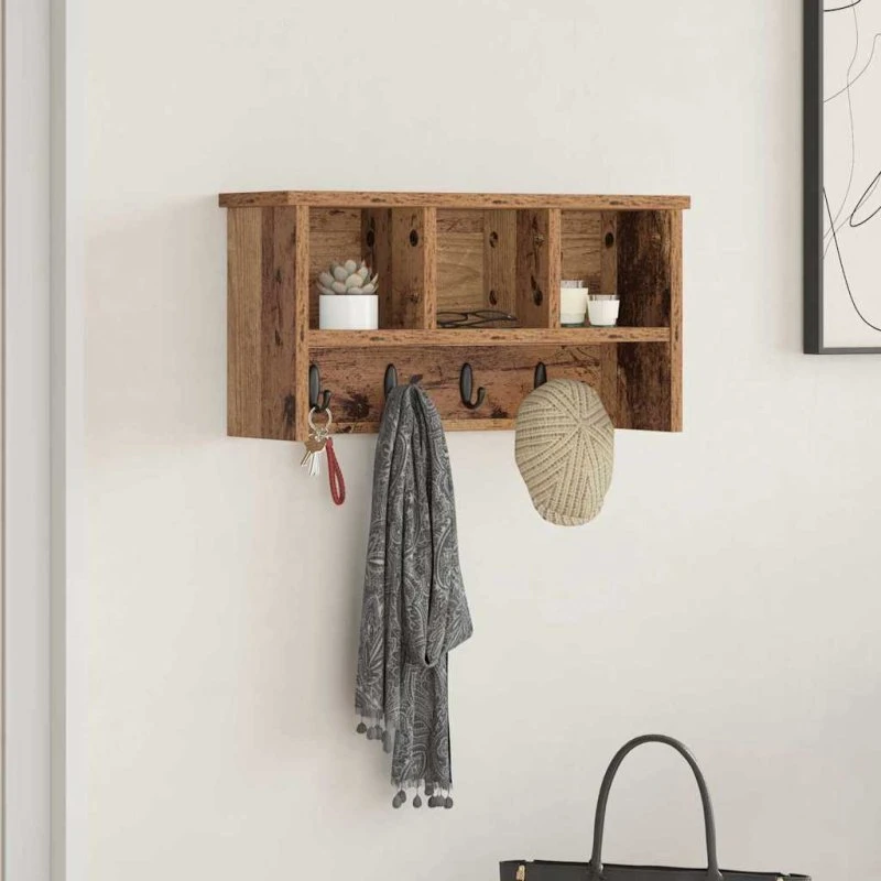 vidaXL Vægmonteret Jakkeholder med Hylde, Gammelt Træ, 50 x 16 x 26 cm