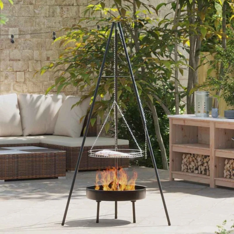 vidaXL Båltripod 3 pc Sort Stål med Grillrist og Bålskål