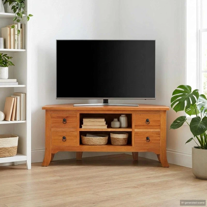 vidaXL TV-skab i massiv mahogni, 100 x 40,5 x 46 cm, naturfarvet med hylde og 4 skuffer
