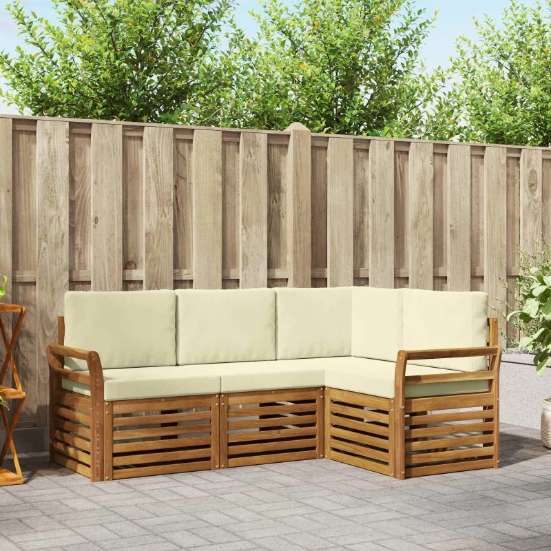 vidaXL Sofasæt 4 dele i massivt akacietræ, naturlig/creme